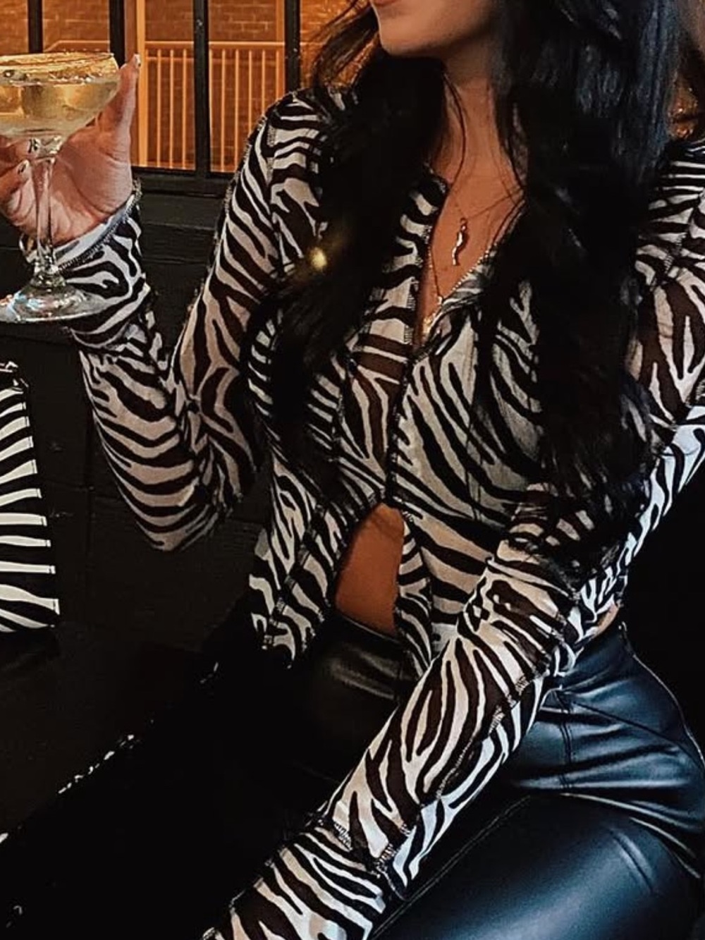 Sheer Zebra Print Button-Up Blouse in Black & White